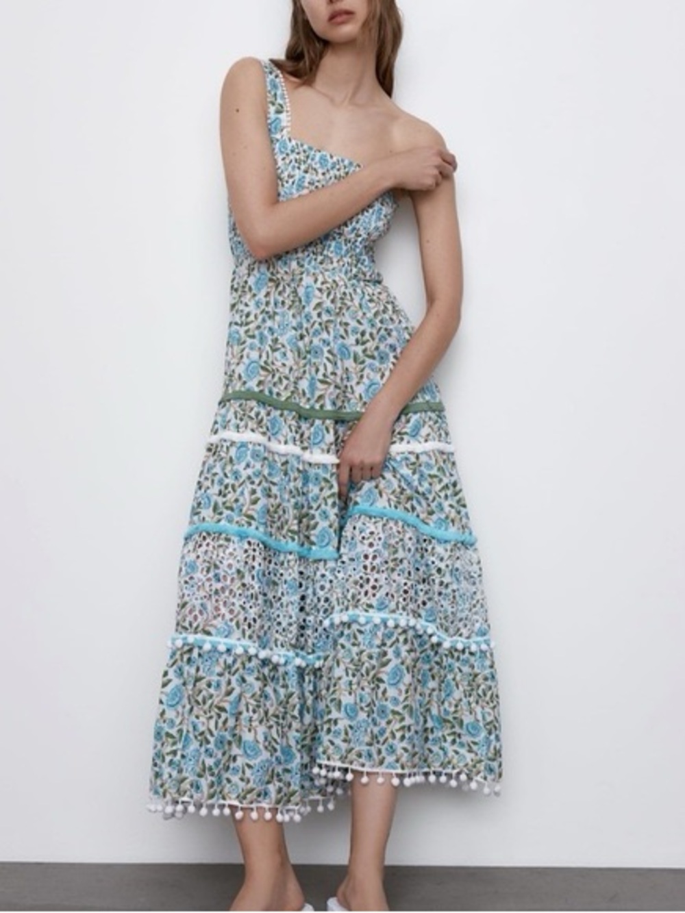 Zara Teal and White Floral Smocked Maxi Dress